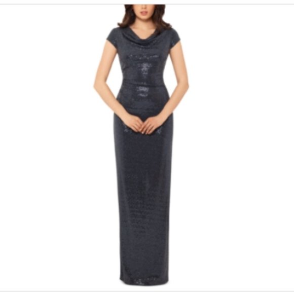 X by Xscape Women's Cowlneck Open-Back Sequined Gown Grey Size 4 - Picture 1 of 14